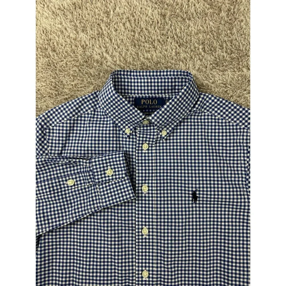 Polo Ralph Lauren Boy's M 10-12 Blue Gingham Check Button Down Shirt Long Sleeve